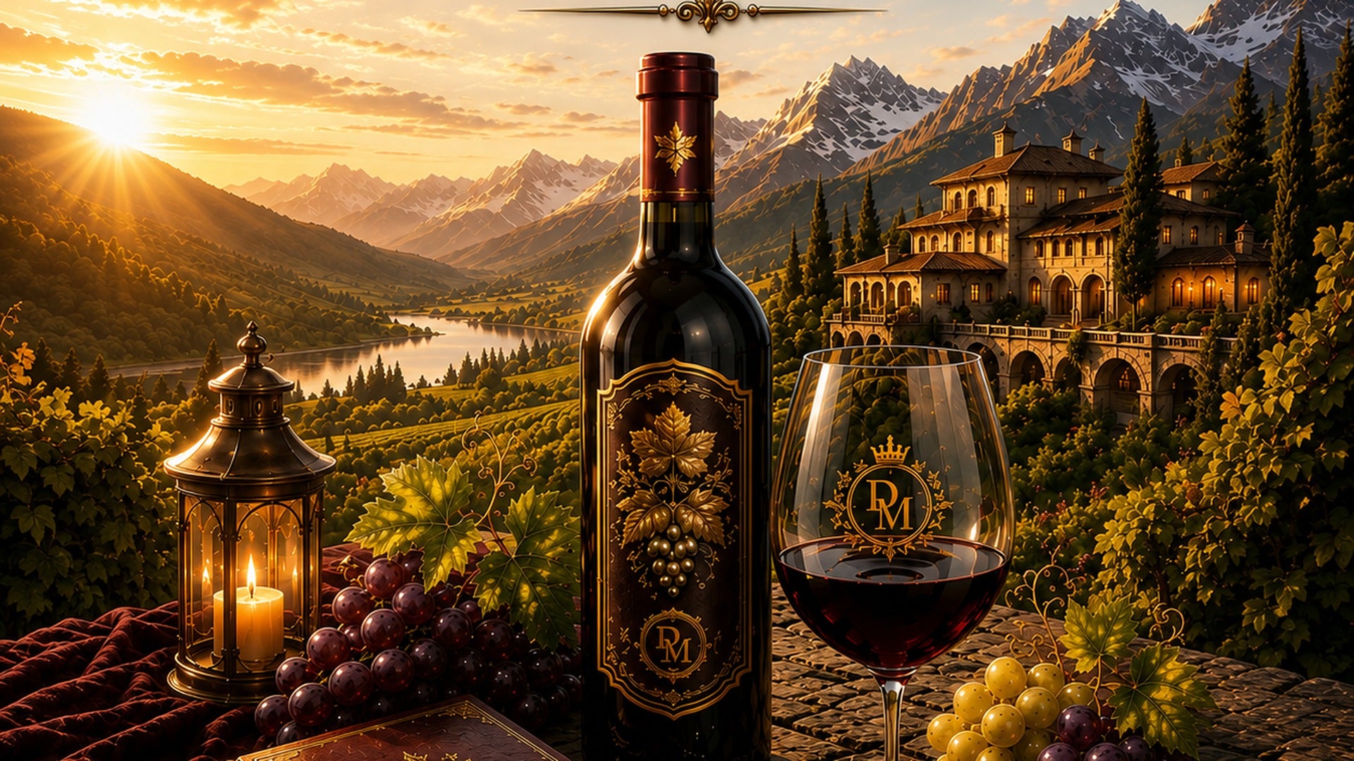 A sunlit vineyard estate with mountain views, a wine bottle, and a wine glass